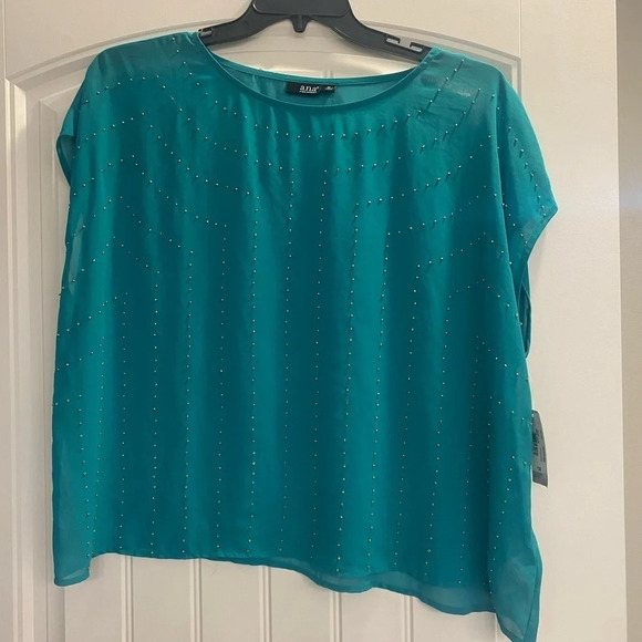 Ana sheer green blue color blouse with gold bead embellishment size 1x plus - Picture 1 of 5
